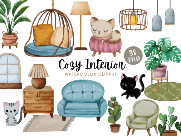 Download Cozy Interior Watercolor Digital Clipart - Cozy interior Collection